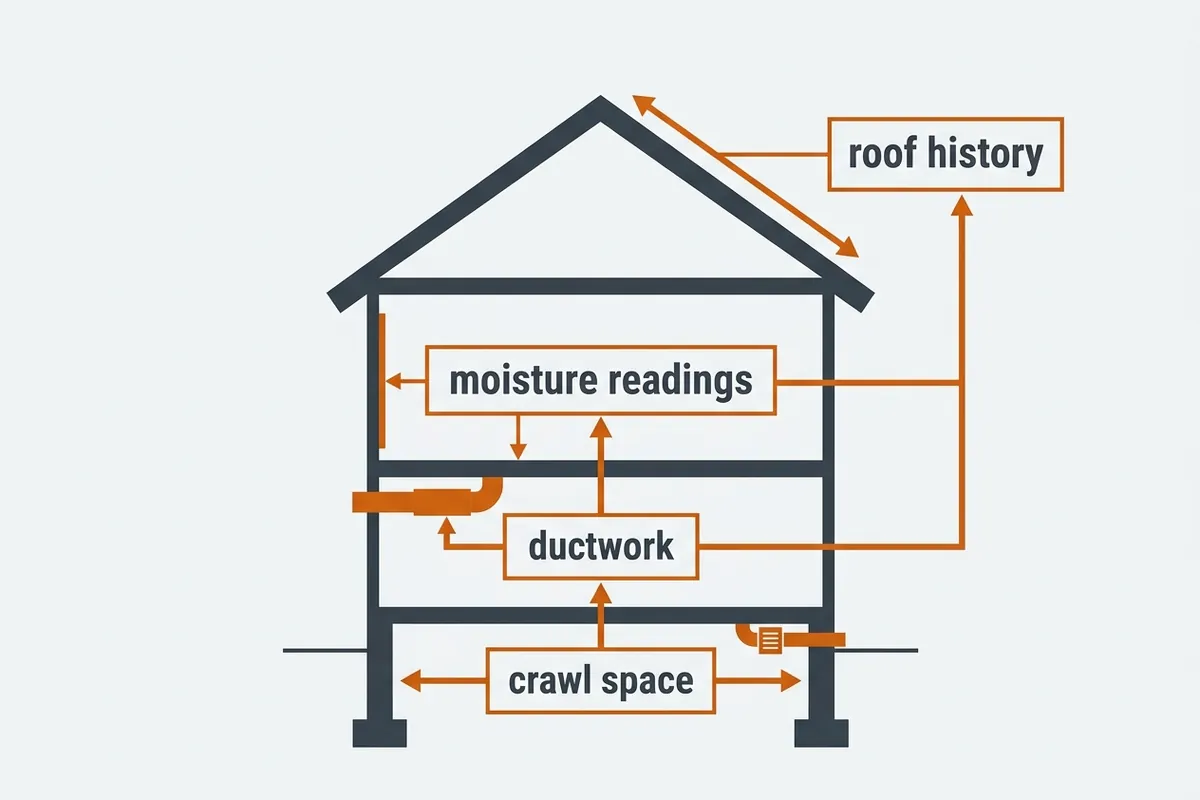 Diagram of a crawl-space-first mold inspection: crawl, ducts, roof planes, moisture readings