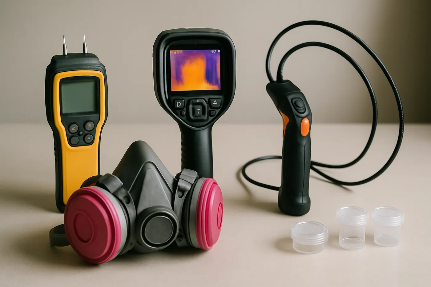 Moisture meter, thermal camera, borescope, and respirator staged for a Memphis mold inspection