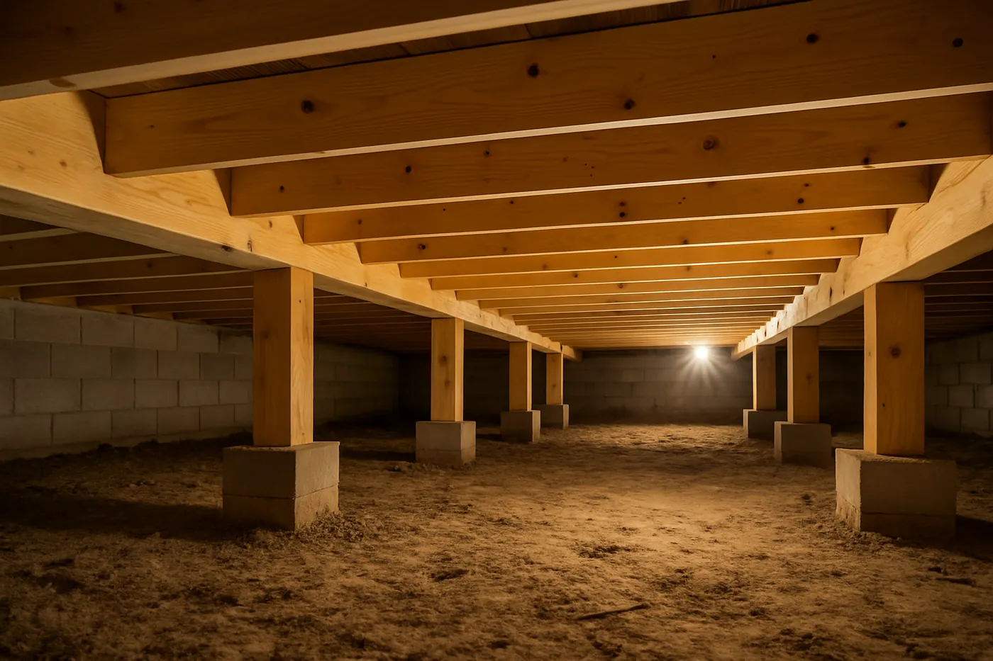 Clean treated floor joists in a Memphis crawl space after mold remediation